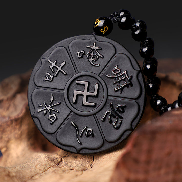 Buddha Stones天然黒曜石 チベット産Om Mani Padme Hum仏陀 卍 幸運のネックレスペンダント