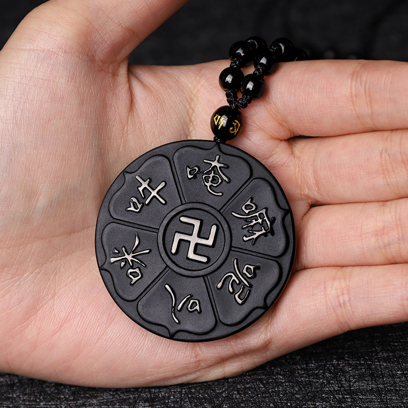 Buddha Stones天然黒曜石 チベット産Om Mani Padme Hum仏陀 卍 幸運のネックレスペンダント