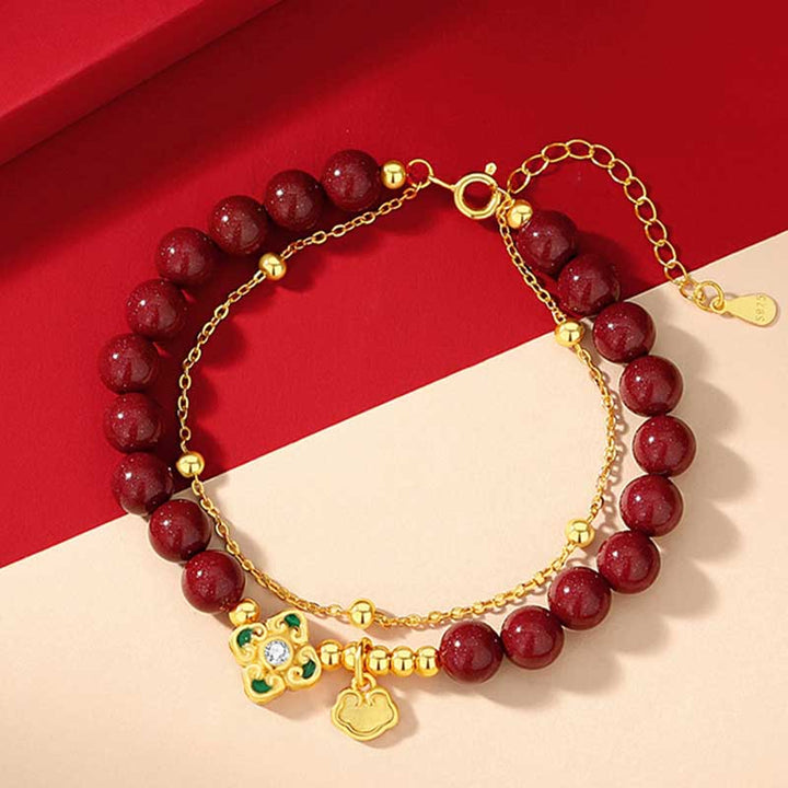 Buddha Stones 925スターリングシルバー 天然辰砂 四つ葉のクローバー フラワー 祝福チェーンブレスレット