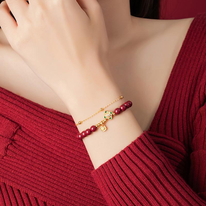 Buddha Stones 925スターリングシルバー 天然辰砂 四つ葉のクローバー フラワー 祝福チェーンブレスレット