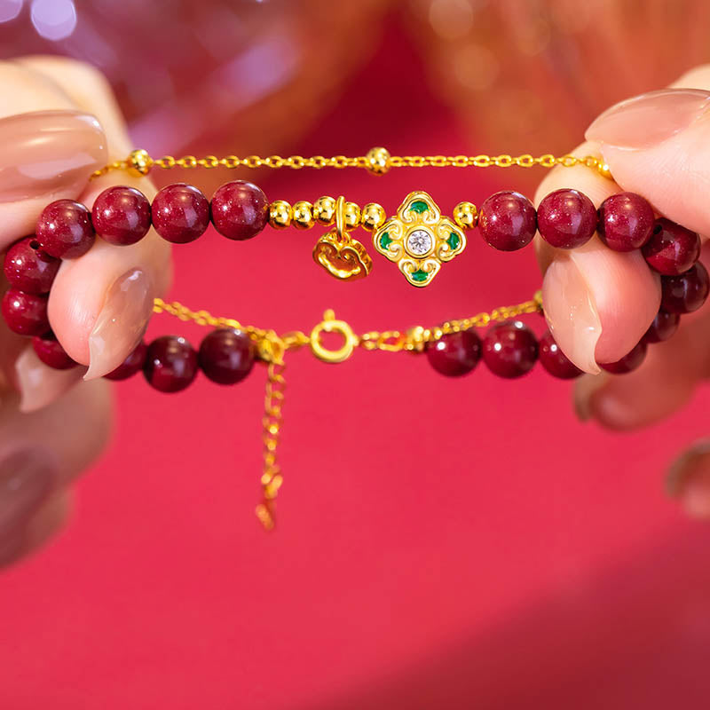 Buddha Stones 925スターリングシルバー 天然辰砂 四つ葉のクローバー フラワー 祝福チェーンブレスレット