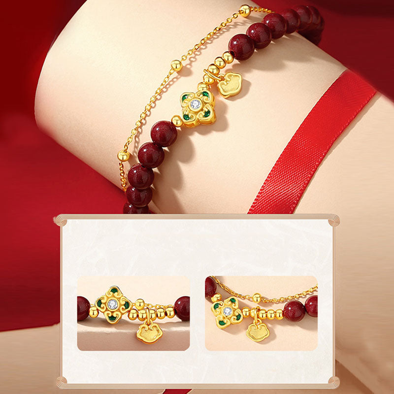 Buddha Stones 925スターリングシルバー 天然辰砂 四つ葉のクローバー フラワー 祝福チェーンブレスレット