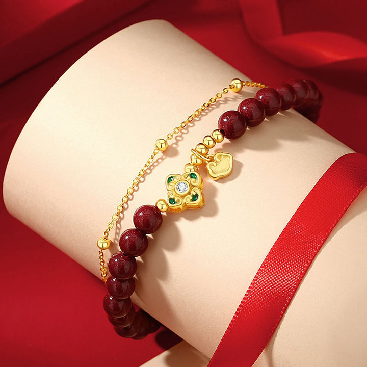 Buddha Stones 925スターリングシルバー 天然辰砂 四つ葉のクローバー フラワー 祝福チェーンブレスレット