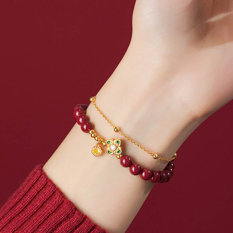 Buddha Stones 925スターリングシルバー 天然辰砂 四つ葉のクローバー フラワー 祝福チェーンブレスレット - image 5