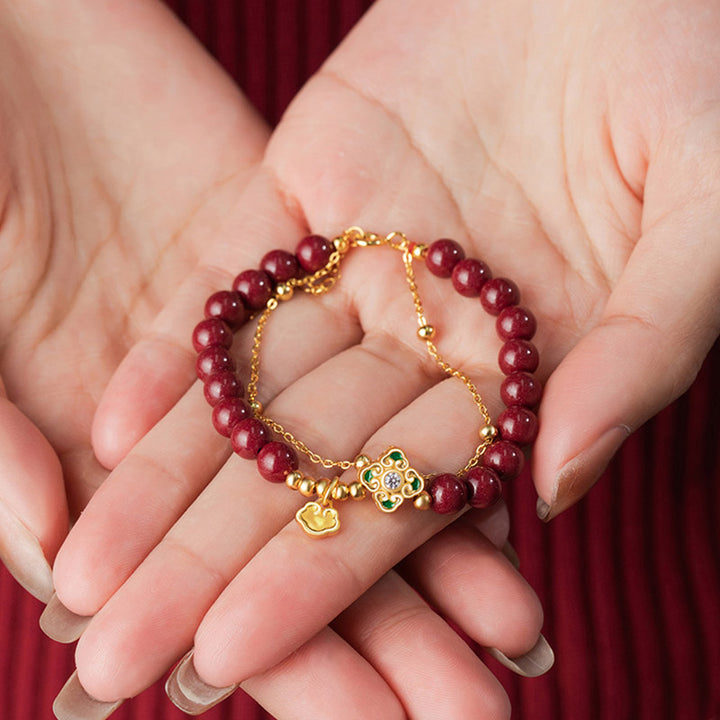 Buddha Stones 925スターリングシルバー 天然辰砂 四つ葉のクローバー フラワー 祝福チェーンブレスレット