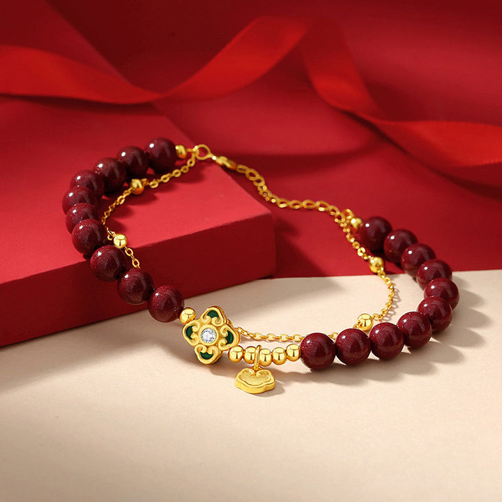 Buddha Stones 925スターリングシルバー 天然辰砂 四つ葉のクローバー フラワー 祝福チェーンブレスレット