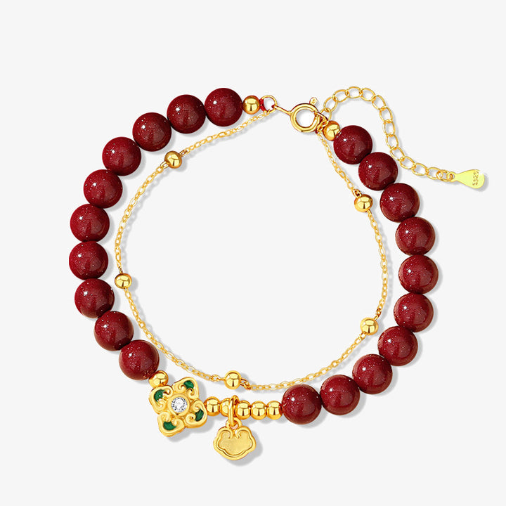 Buddha Stones 925スターリングシルバー 天然辰砂 四つ葉のクローバー フラワー 祝福チェーンブレスレット