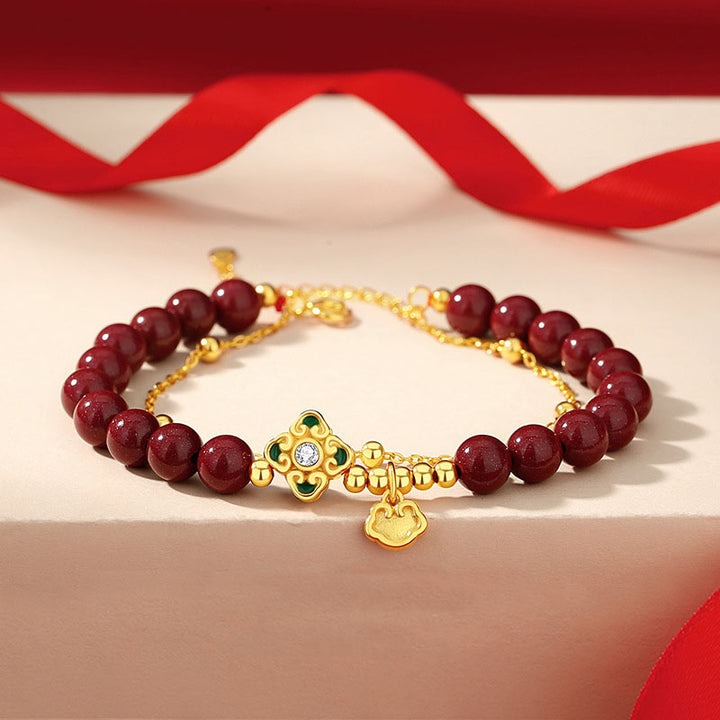 Buddha Stones 925スターリングシルバー 天然辰砂 四つ葉のクローバー フラワー 祝福チェーンブレスレット