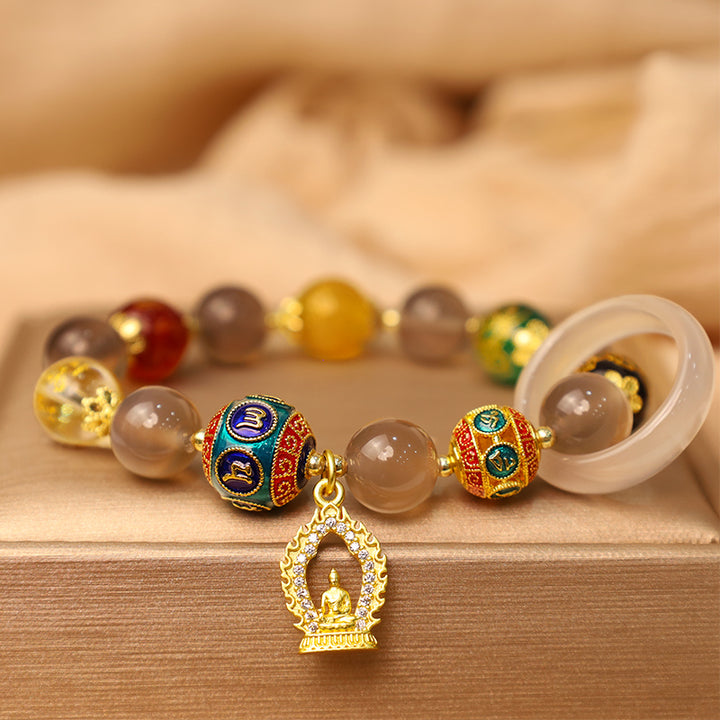 Buddha Stones天然グレー瑪瑙 五方位 富の神オーム・マニ・パドメ・フム仏陀チャームブレスレット