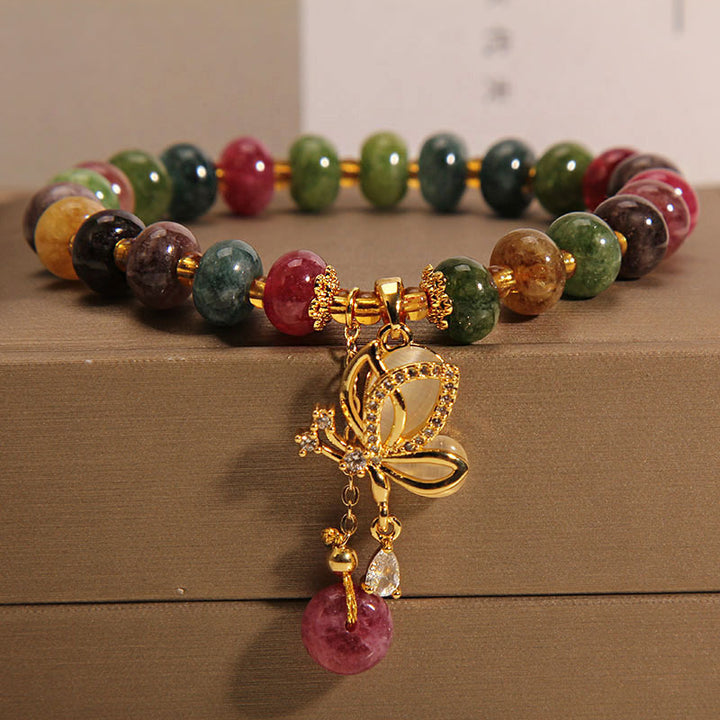 Buddha Stonesカラフルトルマリン バタフライチャーム ウィズダムブレスレット