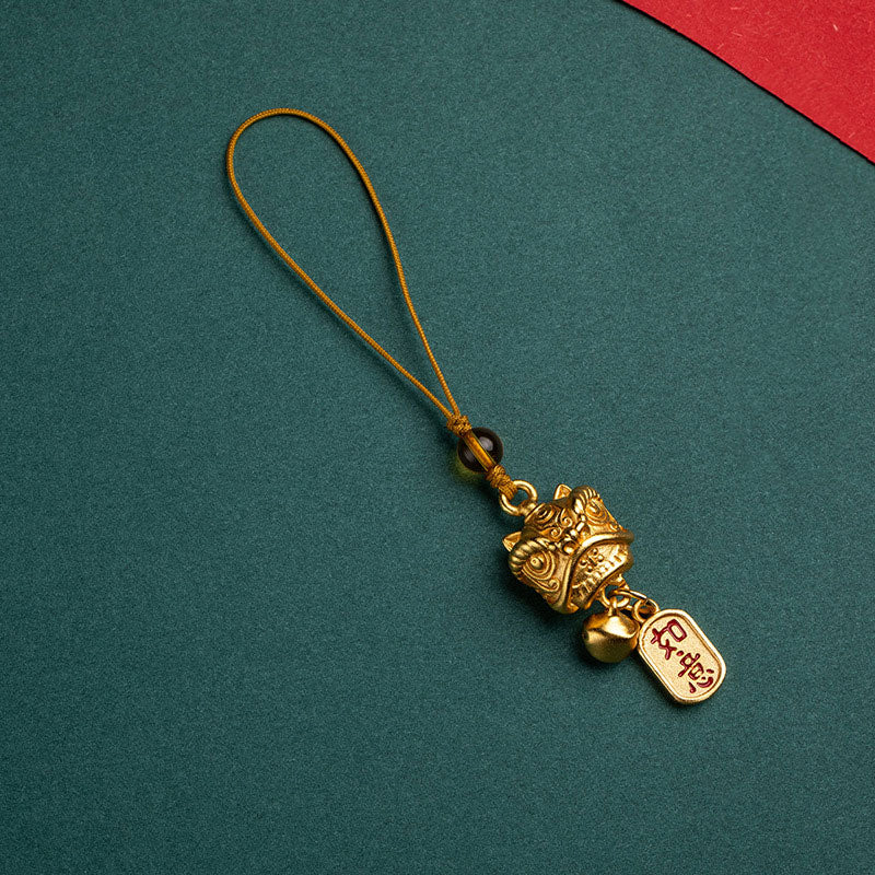 Buddha Stones踊る獅子 縁起の良い如意 安全 平和 豊穣 銅 富 携帯電話 吊り下げ 飾り