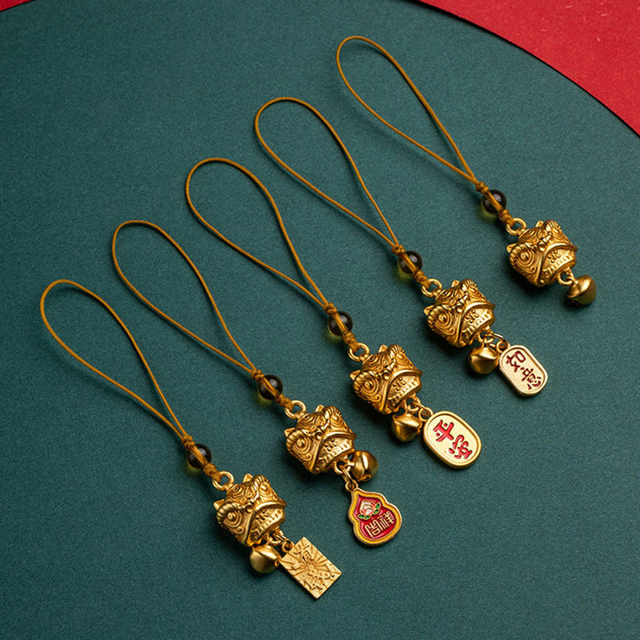 Buddha Stones踊る獅子 縁起の良い如意 安全 平和 豊穣 銅 富 携帯電話 吊り下げ 飾り