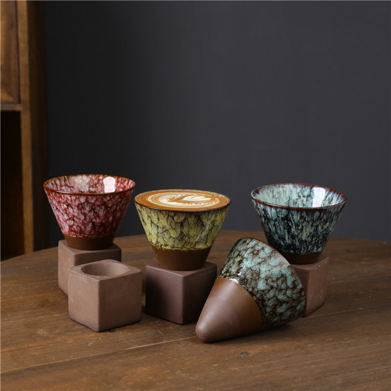 Buddha Stonesレトロ窯変セラミックコーヒーマグ ティーラテ エスプレッソコーヒーカップ ベース付き 200ml