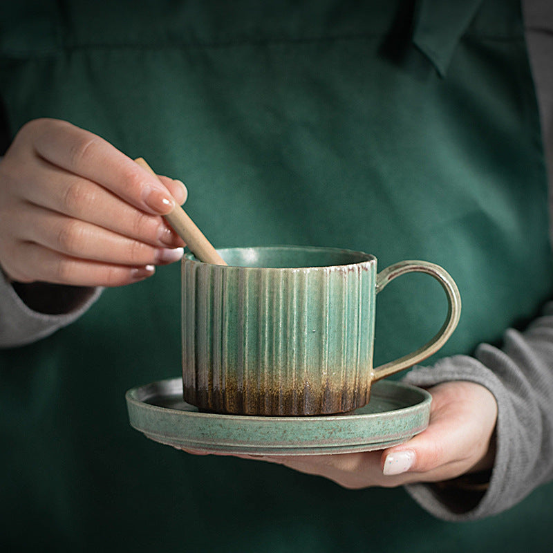 Buddha Stonesレトロストライプ窯変セラミックコーヒーマグ 粗陶器ティーコーヒーカップ ソーサー付き 250ml