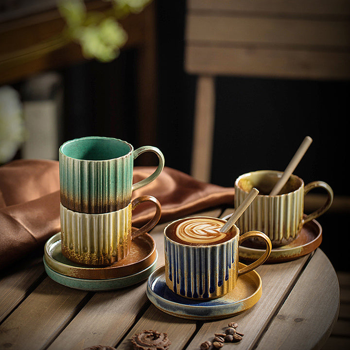 Buddha Stonesレトロストライプ窯変セラミックコーヒーマグ 粗陶器ティーコーヒーカップ ソーサー付き 250ml