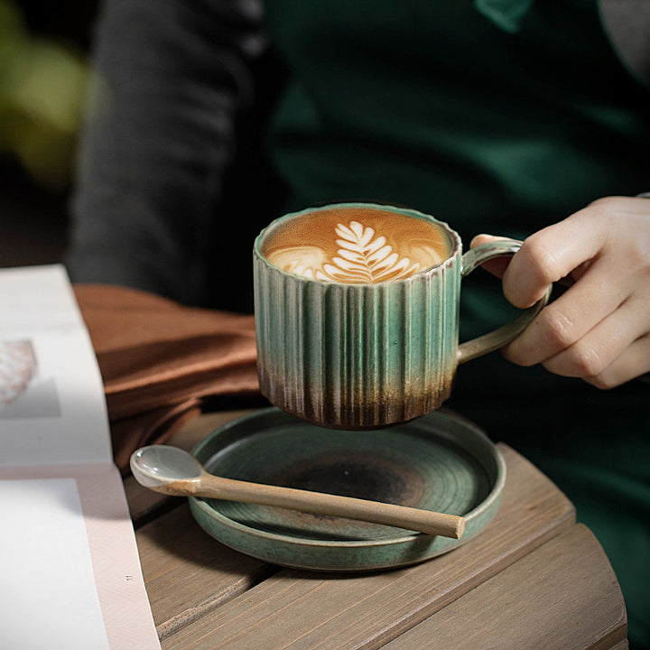 Buddha Stonesレトロストライプ窯変セラミックコーヒーマグ 粗陶器ティーコーヒーカップ ソーサー付き 250ml