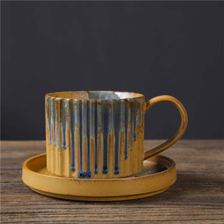 Buddha Stonesレトロストライプ窯変セラミックコーヒーマグ 粗陶器ティーコーヒーカップ ソーサー付き 250ml