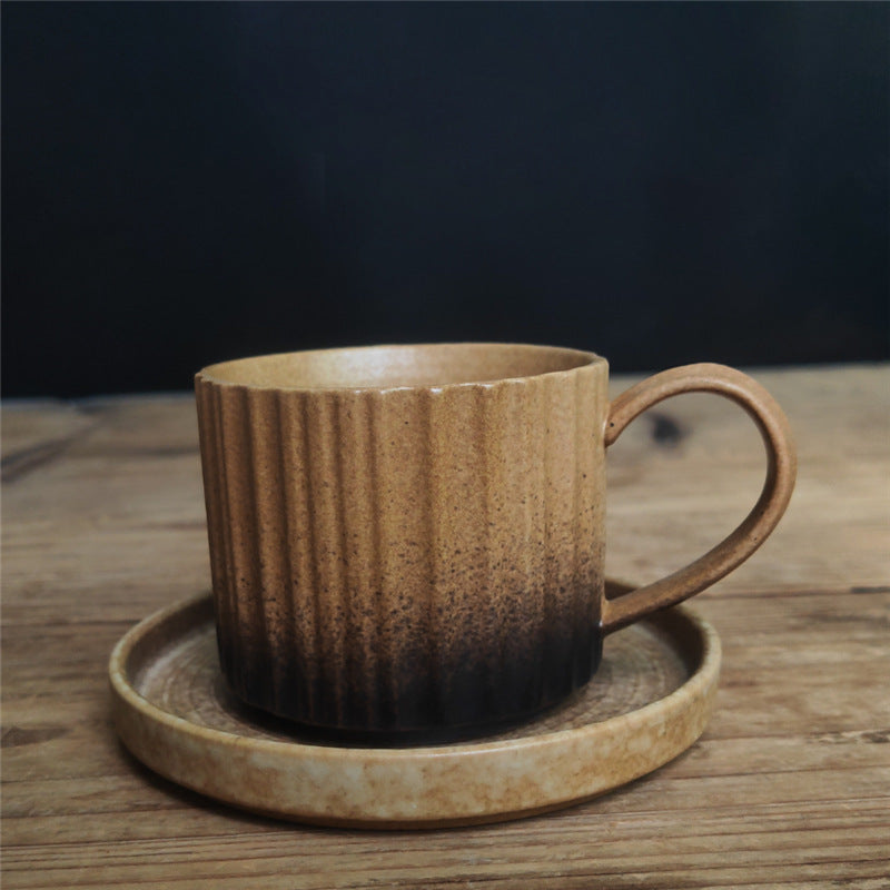 Buddha Stonesレトロストライプ窯変セラミックコーヒーマグ 粗陶器ティーコーヒーカップ ソーサー付き 250ml