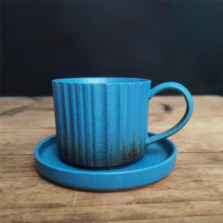 Buddha Stonesレトロストライプ窯変セラミックコーヒーマグ 粗陶器ティーコーヒーカップ ソーサー付き 250ml