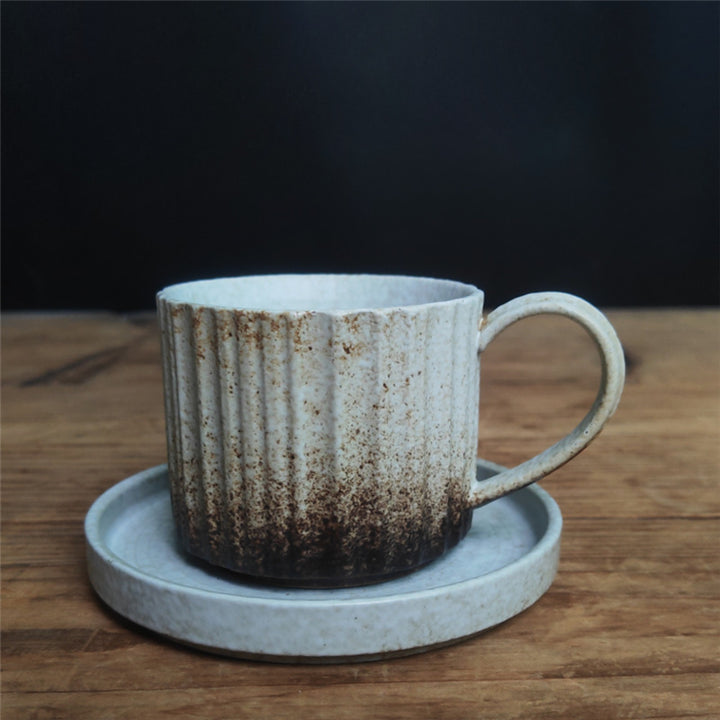 Buddha Stonesレトロストライプ窯変セラミックコーヒーマグ 粗陶器ティーコーヒーカップ ソーサー付き 250ml