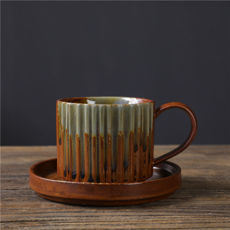 Buddha Stonesレトロストライプ窯変セラミックコーヒーマグ 粗陶器ティーコーヒーカップ ソーサー付き 250ml