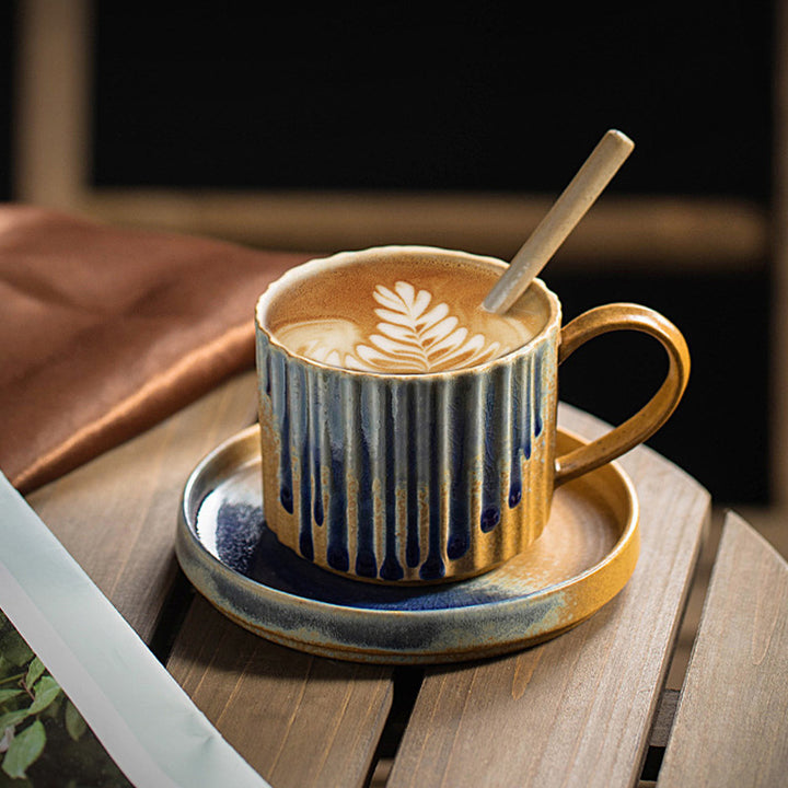 Buddha Stonesレトロストライプ窯変セラミックコーヒーマグ 粗陶器ティーコーヒーカップ ソーサー付き 250ml