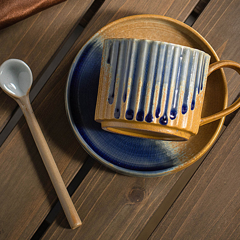 Buddha Stonesレトロストライプ窯変セラミックコーヒーマグ 粗陶器ティーコーヒーカップ ソーサー付き 250ml