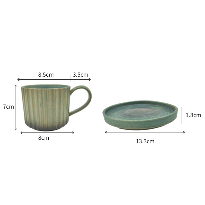 Buddha Stonesレトロストライプ窯変セラミックコーヒーマグ 粗陶器ティーコーヒーカップ ソーサー付き 250ml
