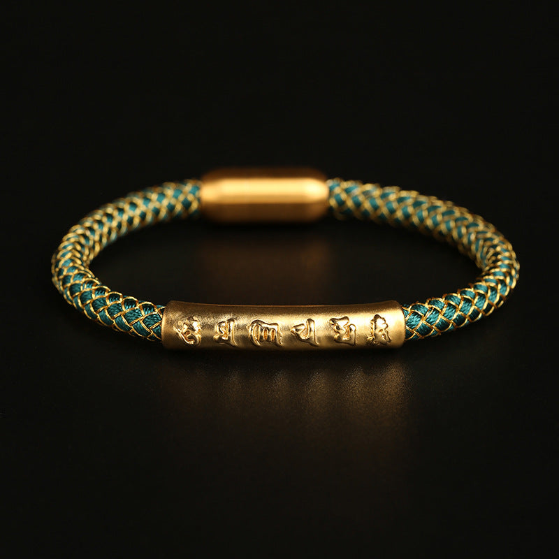 Buddha Stonesハンドメイド999スターリングシルバーオーム・マニ・パドメ・フム保護ドラゴンスケール編み込み磁気バックルブレスレット