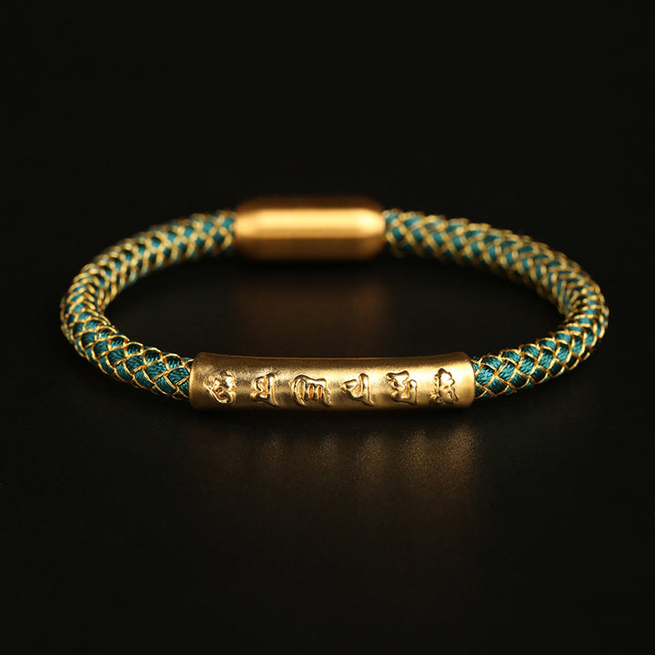 Buddha Stonesハンドメイド999スターリングシルバーオーム・マニ・パドメ・フム保護ドラゴンスケール編み込み磁気バックルブレスレット