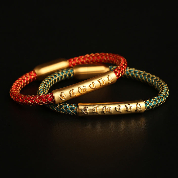Buddha Stonesハンドメイド999スターリングシルバーオーム・マニ・パドメ・フム保護ドラゴンスケール編み込み磁気バックルブレスレット