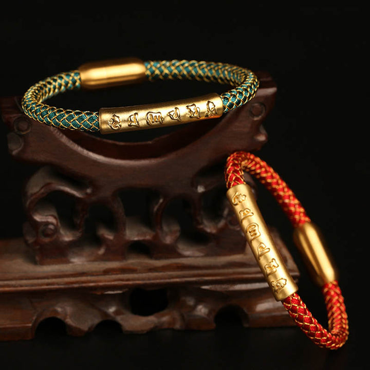 Buddha Stonesハンドメイド999スターリングシルバーオーム・マニ・パドメ・フム保護ドラゴンスケール編み込み磁気バックルブレスレット