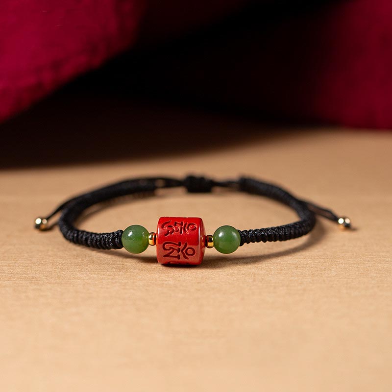 Buddha Stonesチベット 辰砂オーム・マニ・パドメ・フム刻印入り 祝福 編み込み ロープ ブレスレット