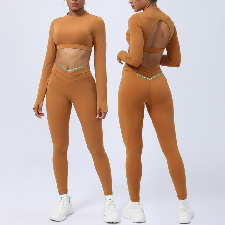 Buddha Stones 2点セット 長袖 バックレス トップ ブラ レギンス パンツ フィットネス ヨガ 衣装セット - 茶色 - US4、 UK/AU8、EU36 (XL) - image 0
