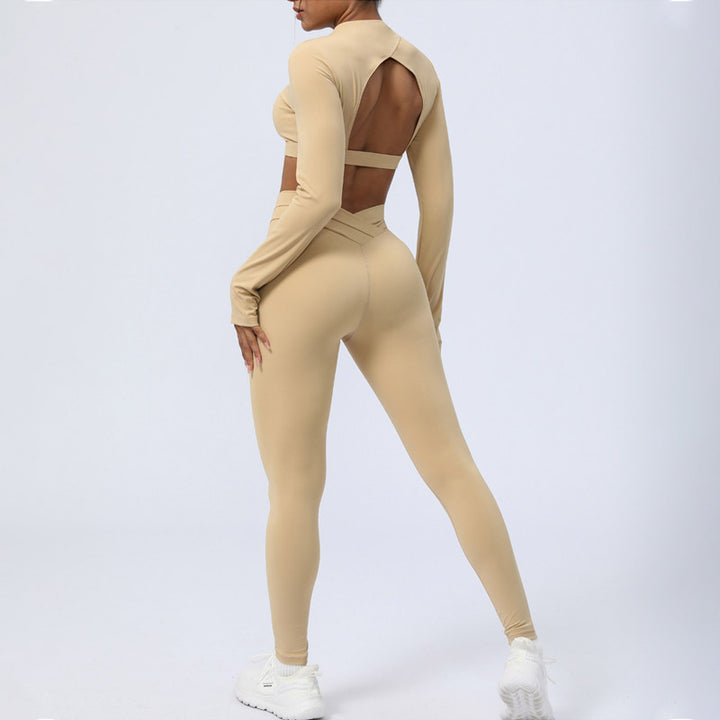 Buddha Stones 2点セット 長袖 バックレス トップ ブラ レギンス パンツ フィットネス ヨガ 衣装セット