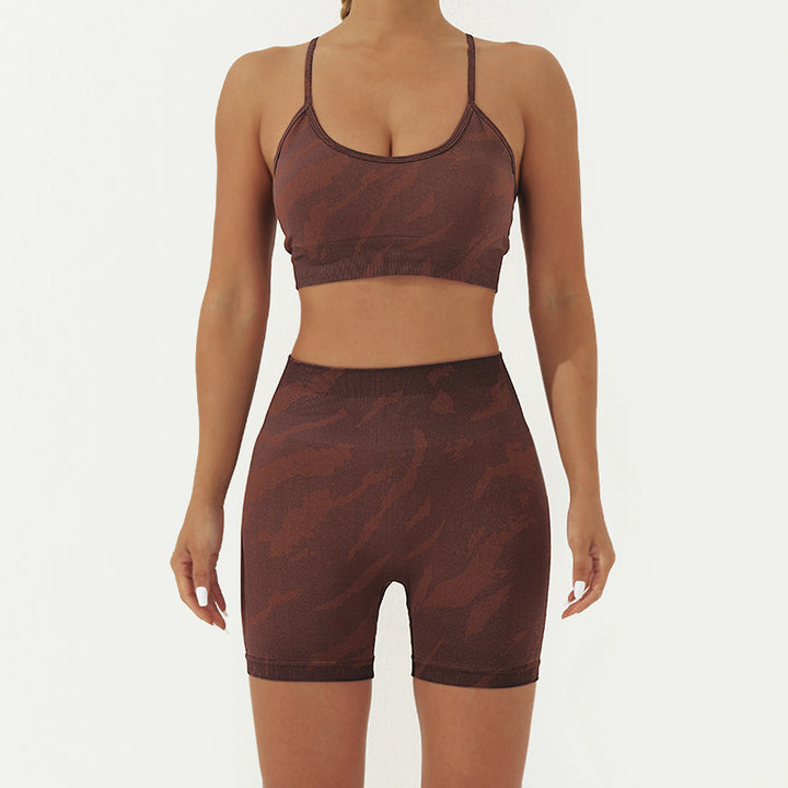 Buddha Stones 2点セット 迷彩柄 バックレス クロスストラップ トップ ブラ ショーツ レギンス パンツ フィットネス ヨガ 衣装セット - 茶色 - 2点(トップス&ショーツ) - US8-10、 UK/AU12-14、 EU40-42 (L) - image 8