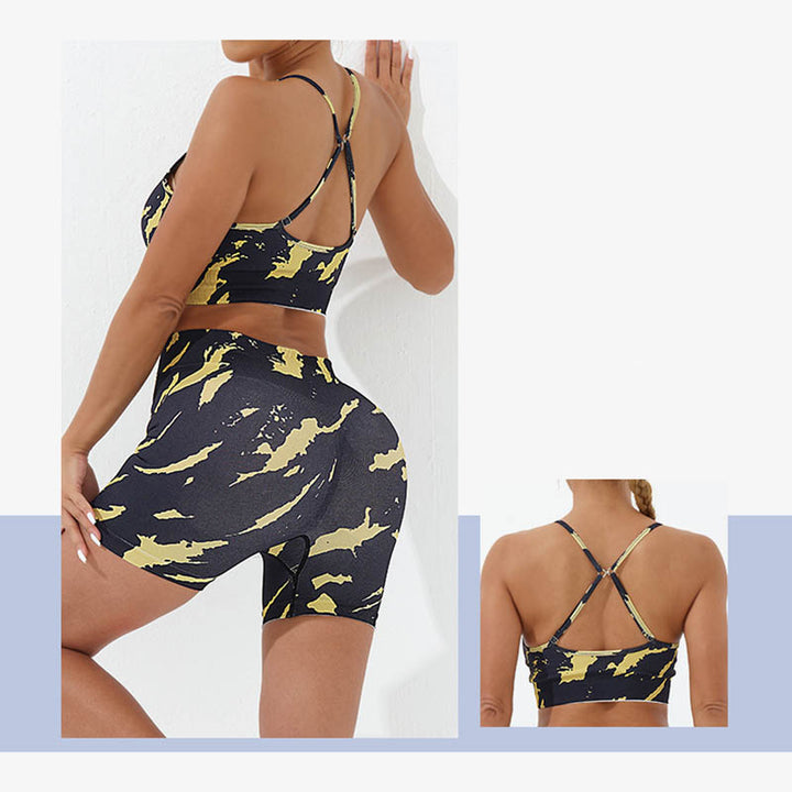 Buddha Stones 2点セット 迷彩柄 バックレス クロスストラップ トップ ブラ ショーツ レギンス パンツ フィットネス ヨガ 衣装セット - image 2