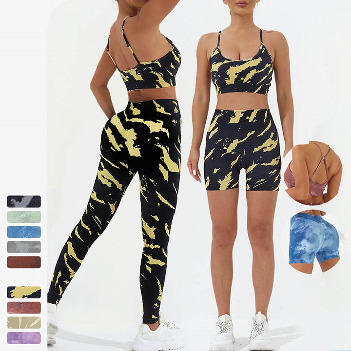 Buddha Stones 2点セット 迷彩柄 バックレス クロスストラップ トップ ブラ ショーツ レギンス パンツ フィットネス ヨガ 衣装セット - image 4