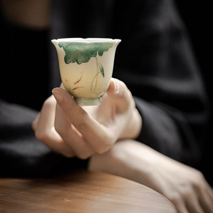 Buddha Stones鯉蓮の葉模様陶器ティーカップカンフーティーカップ65ml