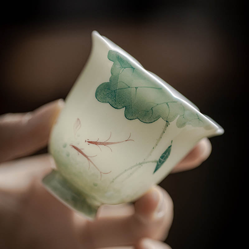 Buddha Stones鯉蓮の葉模様陶器ティーカップカンフーティーカップ65ml