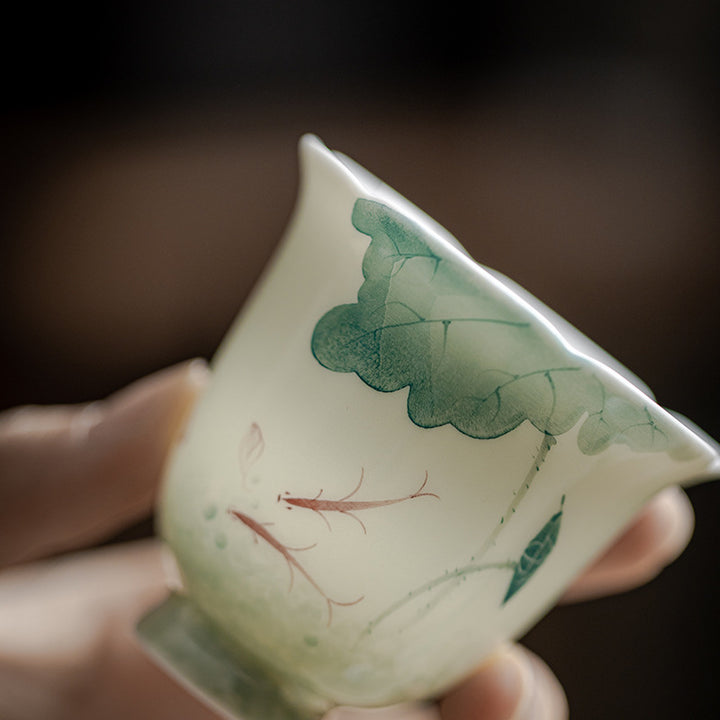 Buddha Stones鯉蓮の葉模様陶器ティーカップカンフーティーカップ65ml