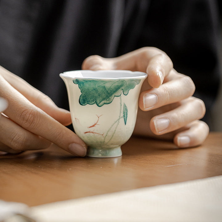 Buddha Stones鯉蓮の葉模様陶器ティーカップカンフーティーカップ65ml
