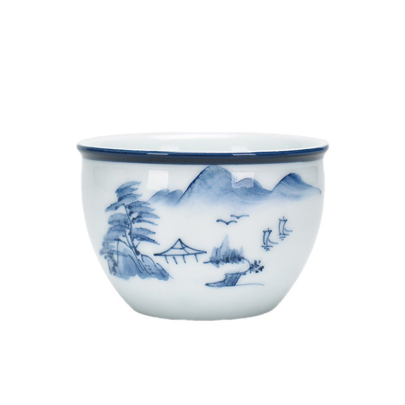 Buddha Stones、鯉、蓮の花、葉、山、木、陶器のティーカップ、カンフーティーカップ 130ml