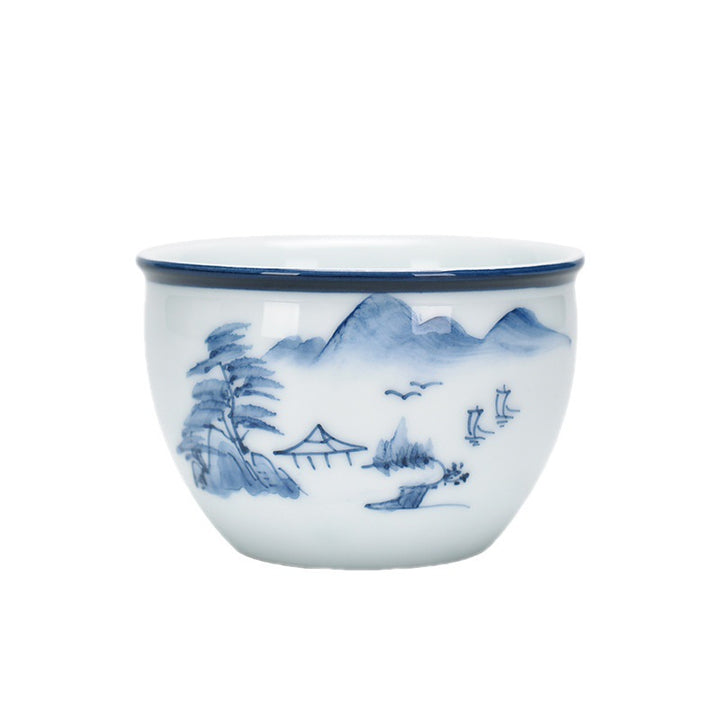 Buddha Stones、鯉、蓮の花、葉、山、木、陶器のティーカップ、カンフーティーカップ 130ml