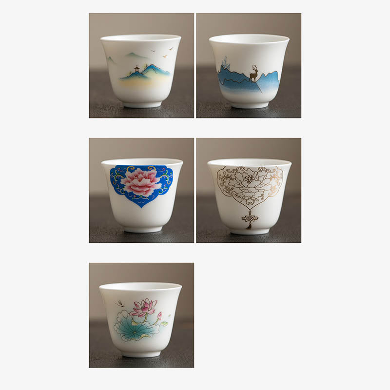Buddha Stones、蓮の花、葉、山の亭、ヘラジカ、牡丹、陶器のティーカップ、カンフーティーカップ