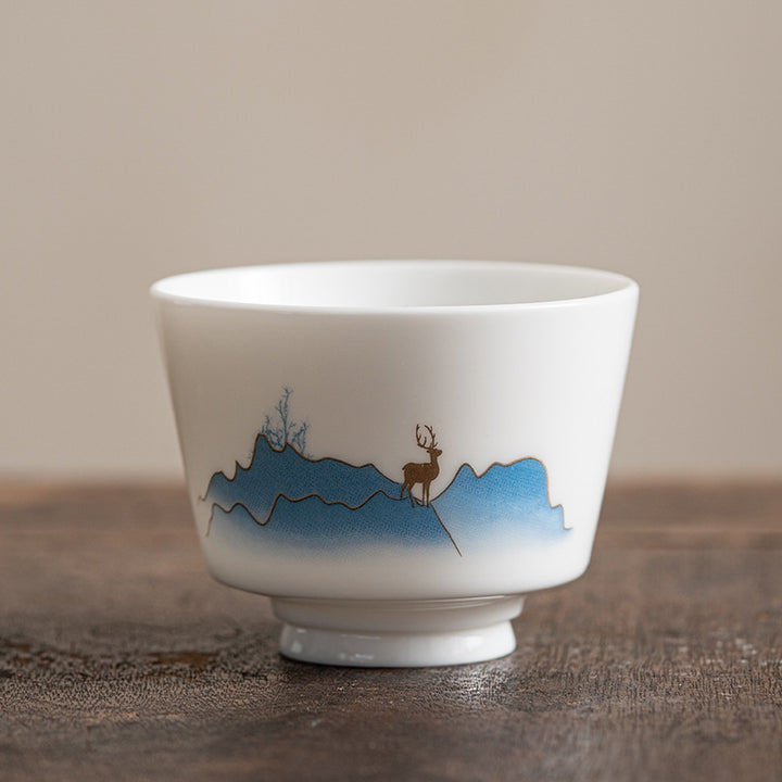 Buddha Stones、蓮の花、葉、山の亭、ヘラジカ、牡丹、陶器のティーカップ、カンフーティーカップ