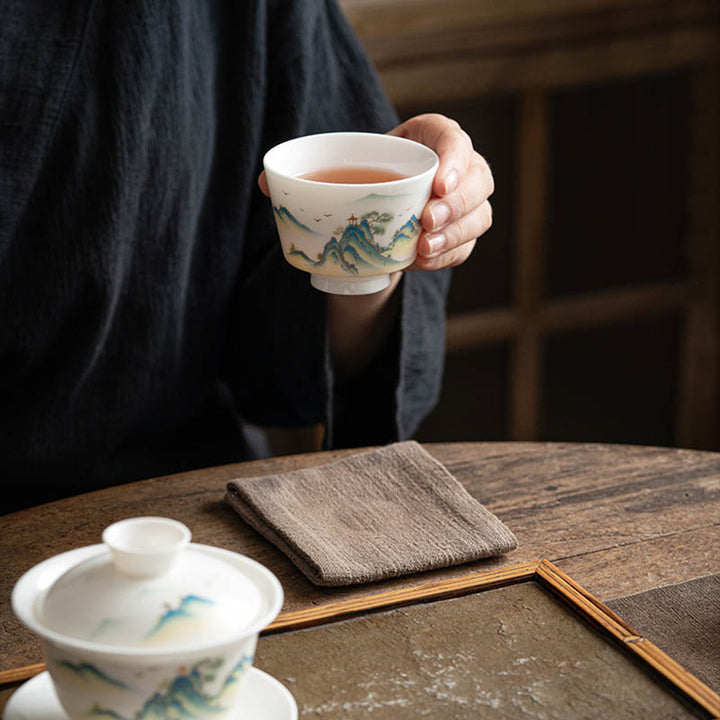 Buddha Stones、蓮の花、葉、山の亭、ヘラジカ、牡丹、陶器のティーカップ、カンフーティーカップ