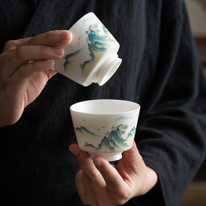 Buddha Stones、蓮の花、葉、山の亭、ヘラジカ、牡丹、陶器のティーカップ、カンフーティーカップ