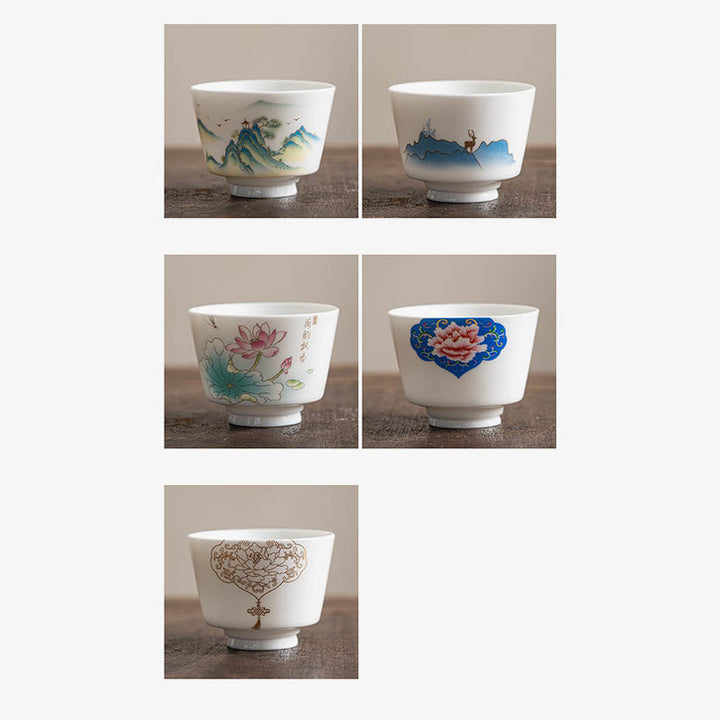 Buddha Stones、蓮の花、葉、山の亭、ヘラジカ、牡丹、陶器のティーカップ、カンフーティーカップ