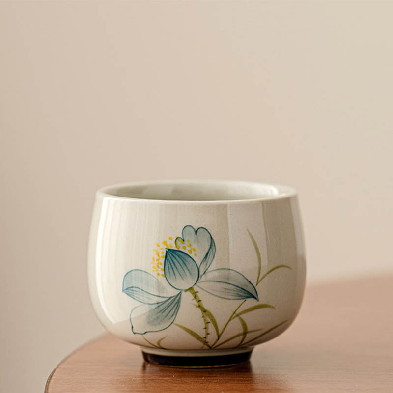 Buddha Stones手描き蓮の花陶器ティーカップカンフーティーカップ
